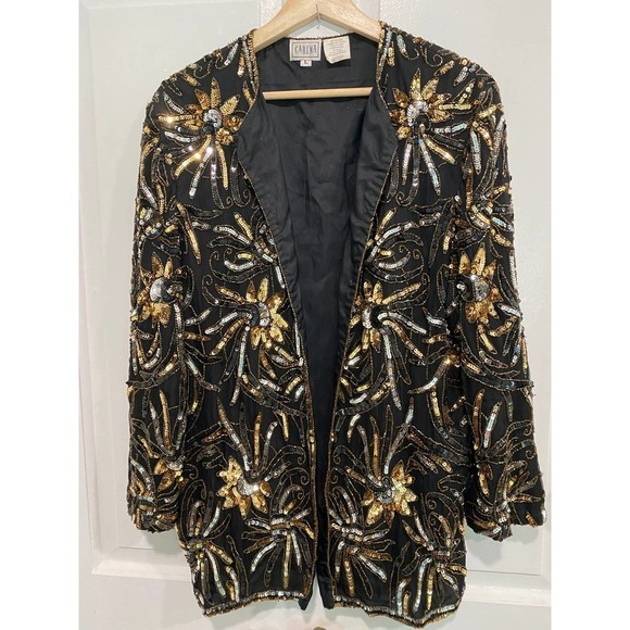 CARINA - Silver & gold sequin formal jacket long sleeve, open front, size large - Picture 1 of 4